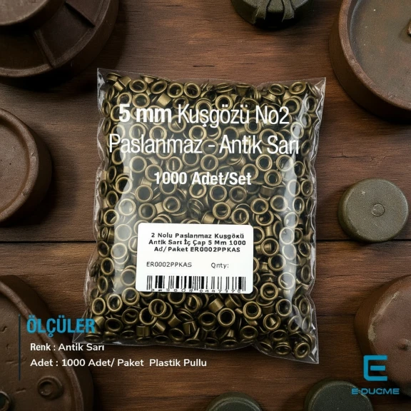 2 Nolu Paslanmaz Kuşgözü Antik Sarı İç Çap 5 mm 1000 Ad/Paket ER0002PPKAS