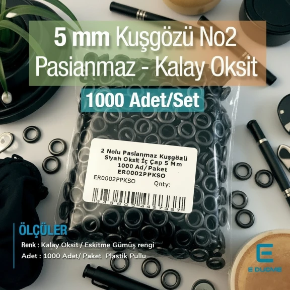 2 Nolu Paslanmaz Kuşgözü Eskitme Gümüş Renk İç Çap 5 mm 1000 Ad/Paket ER0002PPKKO