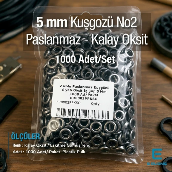 2 Nolu Paslanmaz Kuşgözü Eskitme Gümüş Renk İç Çap 5 mm 1000 Ad/Paket ER0002PPKKO