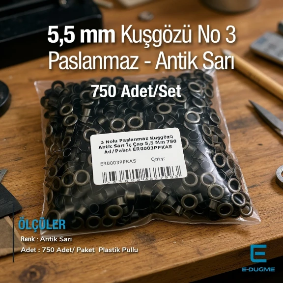3 Nolu Kuşgözü Paslanmaz Antik Sarı İç Çap 5,5 mm 750 Ad/Paket ER0003PPKAS