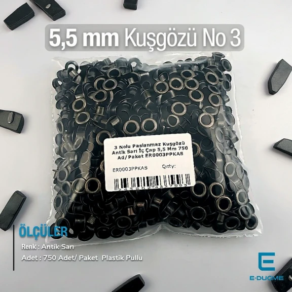 3 Nolu Kuşgözü Paslanmaz Antik Sarı İç Çap 5,5 mm 750 Ad/Paket ER0003PPKAS