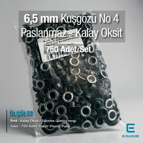 4 No Kuşgözü Eskitme Gümüş Paslanmaz 6,5 mm 750 Ad/Paket ER0004PPKKO
