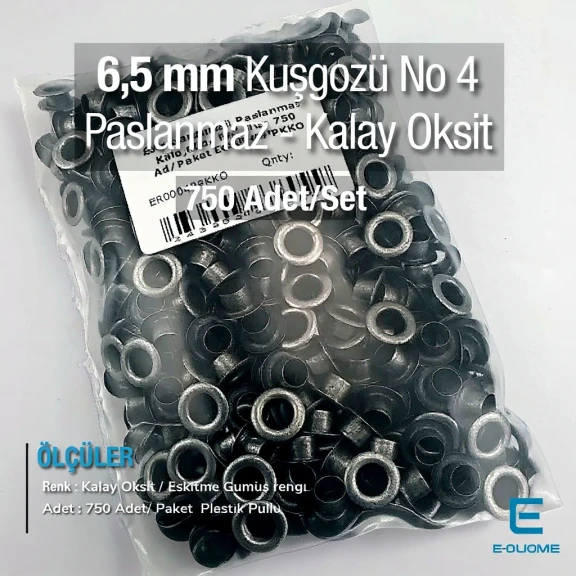 4 No Kuşgözü Eskitme Gümüş Paslanmaz 6,5 mm 750 Ad/Paket ER0004PPKKO