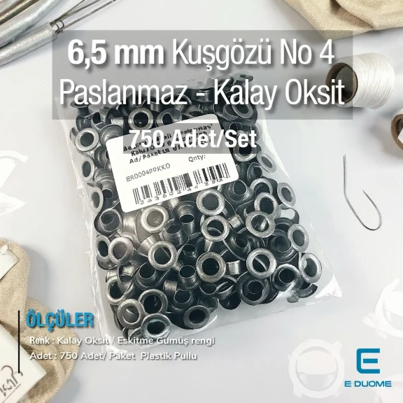 4 No Kuşgözü Eskitme Gümüş Paslanmaz 6,5 mm 750 Ad/Paket ER0004PPKKO