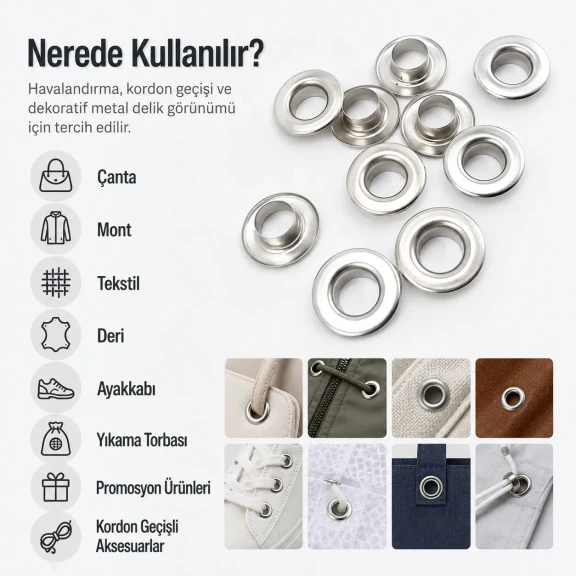 No 24 Kuşgözü Gümüş Nikel Paslanmaz Çelik İç Çap 10 mm 250 Adet/Paket ER0024PPK, tekstil ve çanta projeleri için ideal çözüm