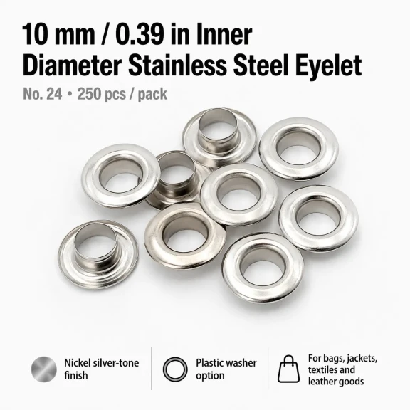 No 24 Kuşgözü Gümüş Nikel Paslanmaz Çelik İç Çap 10 mm 250 Adet/Paket ER0024PPK, tekstil ve çanta projeleri için ideal çözüm