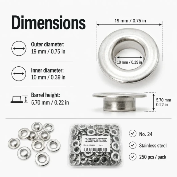 No 24 Kuşgözü Gümüş Nikel Paslanmaz Çelik İç Çap 10 mm 250 Adet/Paket ER0024PPK, tekstil ve çanta projeleri için ideal çözüm