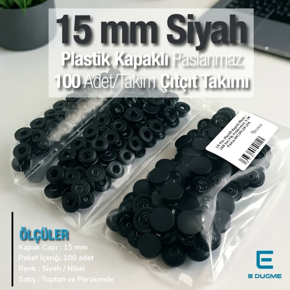 15 mm Plastik Çıtçıt paslanmaz Alt Parça Takım 100 adet/pkt ERC0015PLPPK