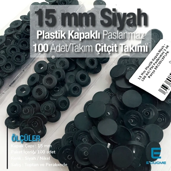 15 mm Plastik Çıtçıt paslanmaz Alt Parça Takım 100 adet/pkt ERC0015PLPPK