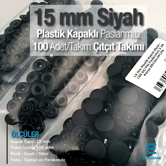 15 mm Plastik Çıtçıt paslanmaz Alt Parça Takım 100 adet/pkt ERC0015PLPPK