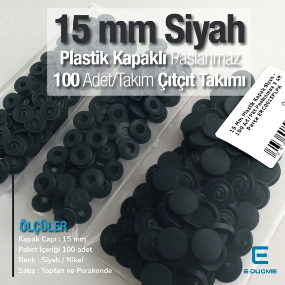 15 mm Plastik Çıtçıt paslanmaz Alt Parça Takım 100 adet/pkt ERC0015PLPPK