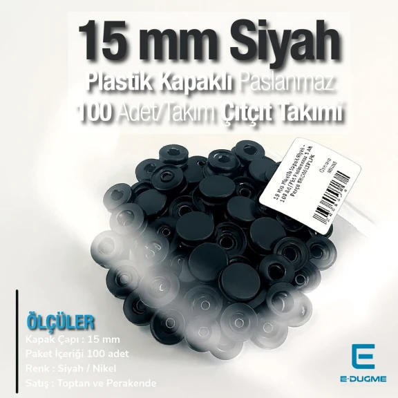 15 mm Plastik Çıtçıt paslanmaz Alt Parça Takım 100 adet/pkt ERC0015PLPPK