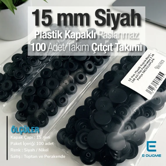 15 mm Plastik Siyah Kapaklı Çıtçıt Takımı 100 adet/pkt ERC0015PLPPK