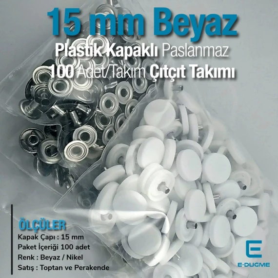 15 mm Plastik Beyaz Kapaklı Çıtçıt 100 adet/pkt ERC0015PWHT 15 mm Plastik Beyaz Kapaklı Çıtçıt 100 adet/pkt ERC0015PWHT