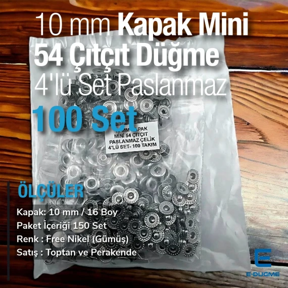 10 mm VT2 Mini 54 Paslanmaz Çelik Cüzdan Çıtçıtı 100 Takım ERC00P10PK