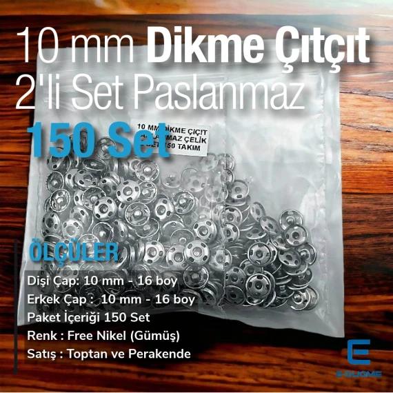 Dikme Çıtçıt Düğme 10 mm 16 boy Paslanmaz Çelik 150 Adet/Paket Dört Delikli ERD100PR4PK