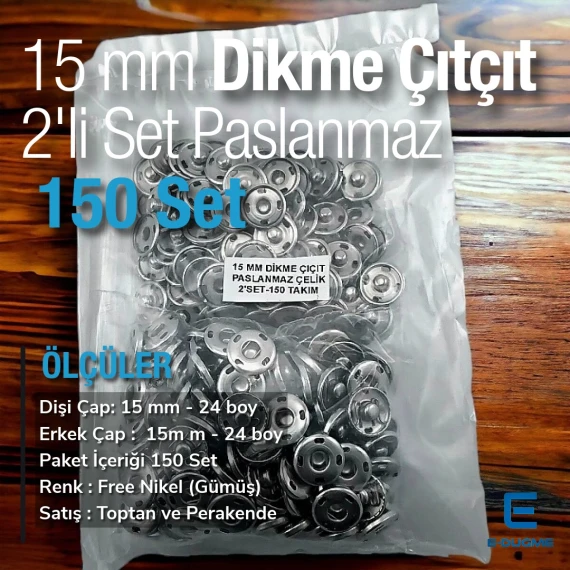 Dikme Çıtçıt Düğme 15 mm 24 boy Paslanmaz Çelik 150 Adet/Paket Dört Delikli ERD150P4PK
