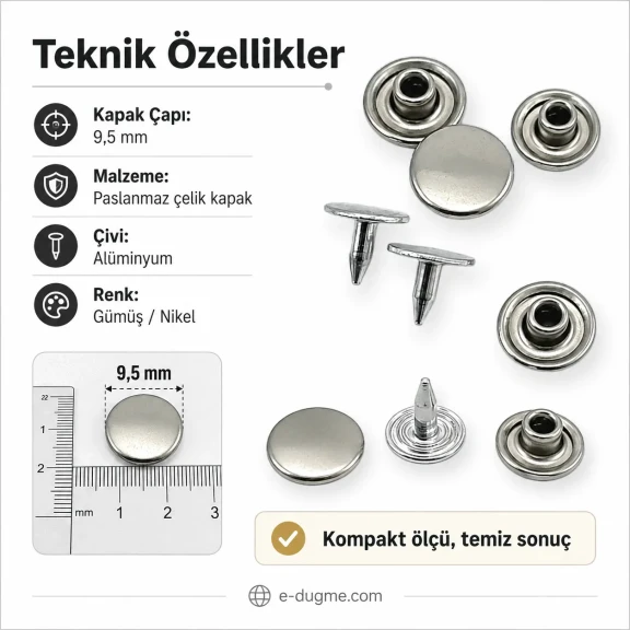 33.5 Pin Rivet 9.5 mm Stainless Steel Cap Aluminum Pin for Leather Fabric Canvas