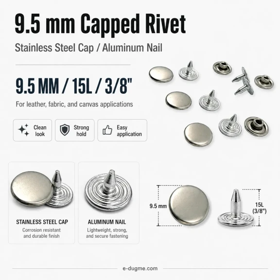 33.5 Pin Rivet 9.5 mm Stainless Steel Cap Aluminum Pin for Leather Fabric Canvas