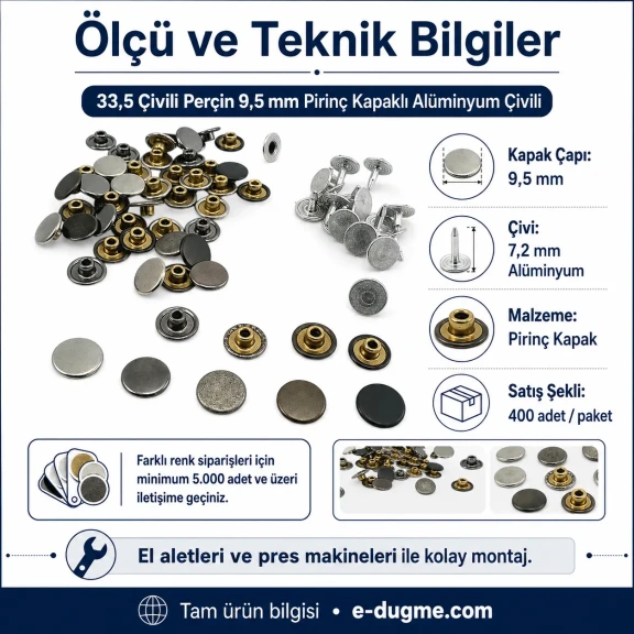33.5 Pin Rivet 9.5 mm (0.37") Brass Cap Aluminum Nail Rivet for bags, leather goods, and textile accessories
