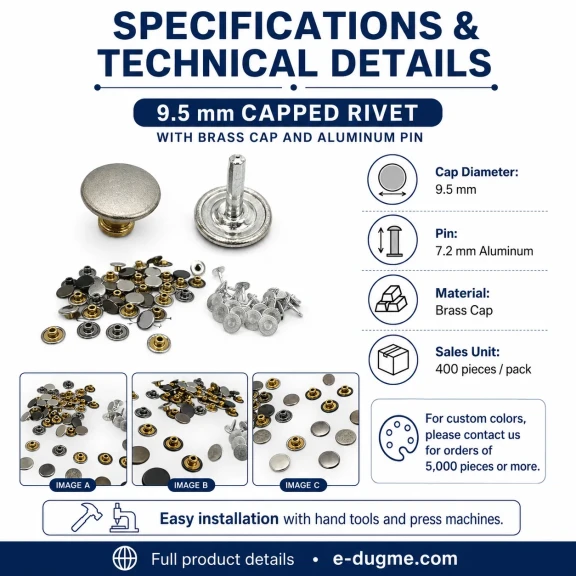 33.5 Pin Rivet 9.5 mm (0.37") Brass Cap Aluminum Nail Rivet for bags, leather goods, and textile accessories