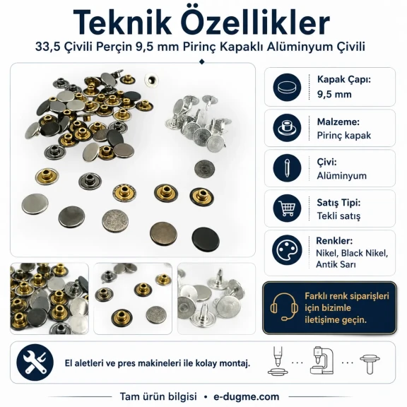 33,5 Çivili Perçin 9,5 mm Pirinç Kapaklı Alüminyum Çivili - Tekli Satış ERPER095PRKAP