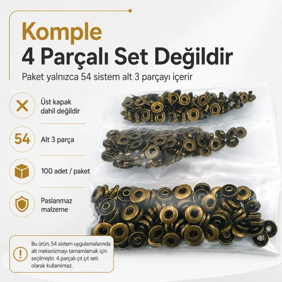 Antik Sarı Renk Paslanmaz 54 Sistem Alt 3 Parça 100 Adet/Paket, Black Nikel Renk Paslanmaz Metal Parça Grubu