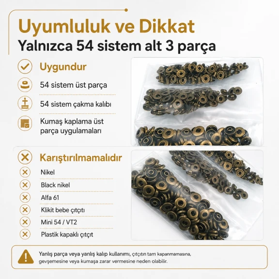 Antik Sarı Renk Paslanmaz 54 Sistem Alt 3 Parça 100 Adet/Paket, Black Nikel Renk Paslanmaz Metal Parça Grubu