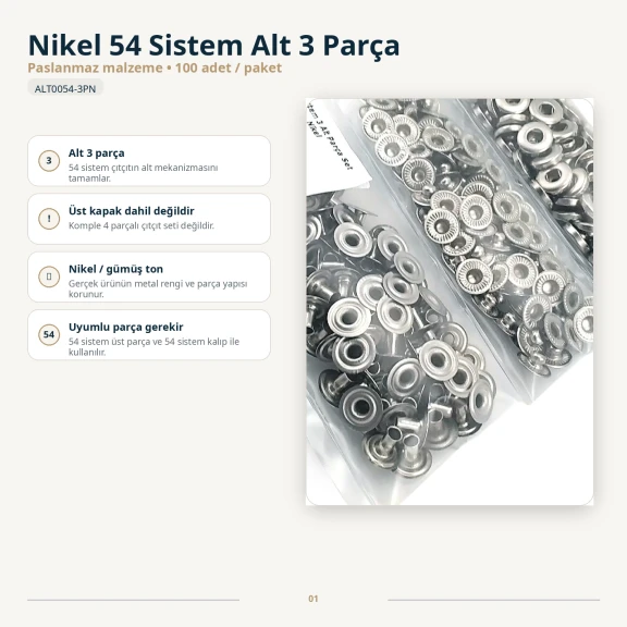 Nikel Renk Paslanmaz 54 Sistem Alt 3 Parça 100 Adet/Paket ALT0054-3PN, çanta, mont, kaban ve tekstil aksesuarları için uygun