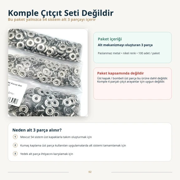 Nikel Renk Paslanmaz 54 Sistem Alt 3 Parça 100 Adet/Paket ALT0054-3PN, çanta, mont, kaban ve tekstil aksesuarları için uygun