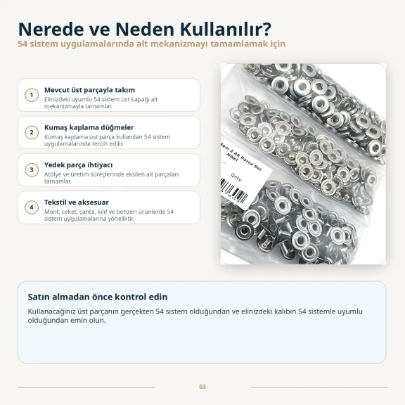 Nikel Renk Paslanmaz 54 Sistem Alt 3 Parça 100 Adet/Paket ALT0054-3PN, çanta, mont, kaban ve tekstil aksesuarları için uygun
