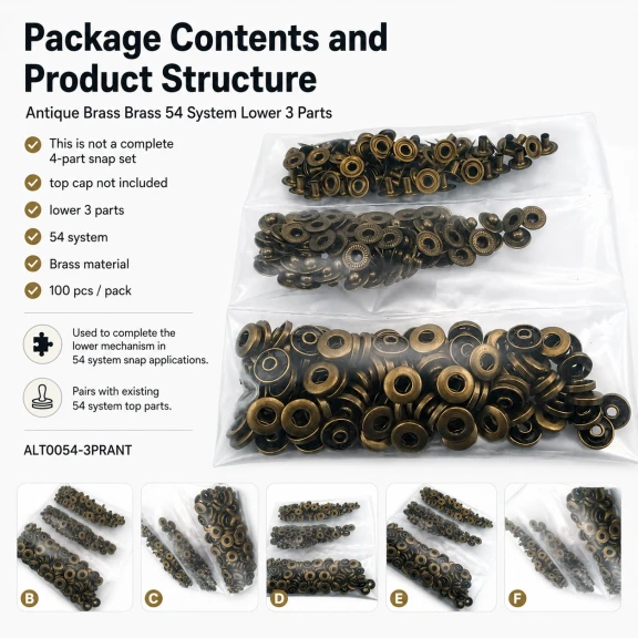 Antik Sarı Renk Pirinç 54 Sistem Alt 3 Parça 100 Adet/Paket, siyah oksit pirinç malzeme ile üretilmiş, çanta, mont ve