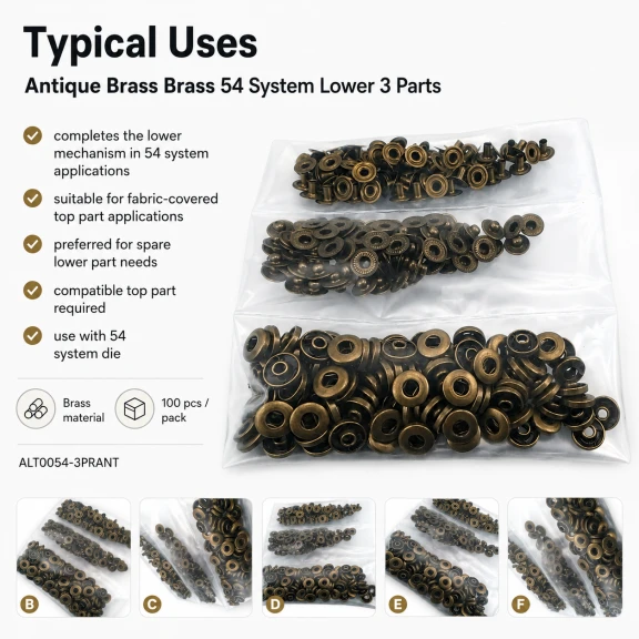 Antik Sarı Renk Pirinç 54 Sistem Alt 3 Parça 100 Adet/Paket, siyah oksit pirinç malzeme ile üretilmiş, çanta, mont ve