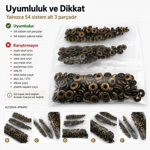 Antik Sarı Renk Pirinç 54 Sistem Alt 3 Parça 100 Adet/Paket, siyah oksit pirinç malzeme ile üretilmiş, çanta, mont ve