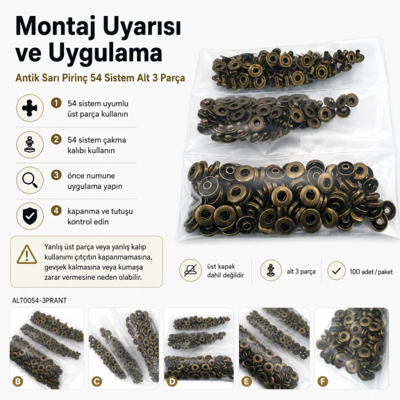 Antik Sarı Renk Pirinç 54 Sistem Alt 3 Parça 100 Adet/Paket, siyah oksit pirinç malzeme ile üretilmiş, çanta, mont ve