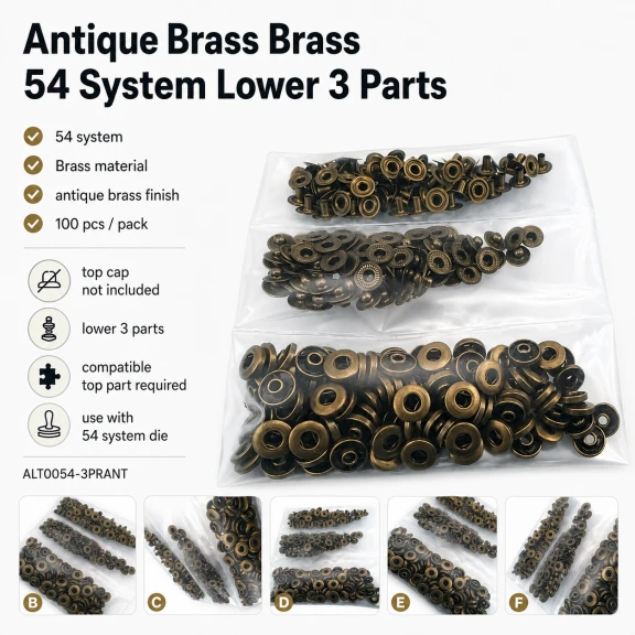 Antik Sarı Renk Pirinç 54 Sistem Alt 3 Parça 100 Adet/Paket, siyah oksit pirinç malzeme ile üretilmiş, çanta, mont ve