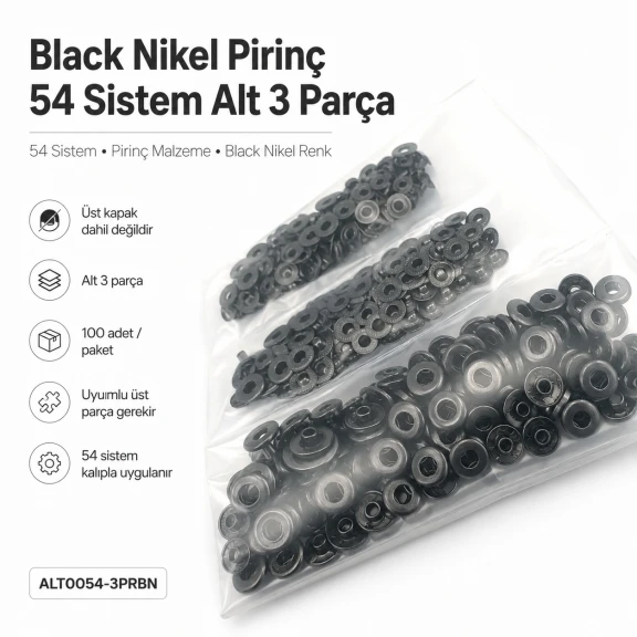 Black Nikel Renk Pirinç 54 Sistem Alt 3 Parça 100 Adet/Paket - Çıtçıt Düğme Aksesuarı