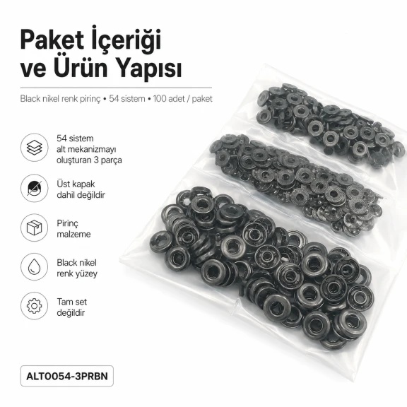 Black Nikel Renk Pirinç 54 Sistem Alt 3 Parça 100 Adet/Paket - Çıtçıt Düğme Aksesuarı