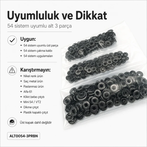 Black Nikel Renk Pirinç 54 Sistem Alt 3 Parça 100 Adet/Paket - Çıtçıt Düğme Aksesuarı