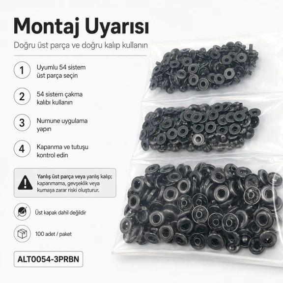 Black Nikel Renk Pirinç 54 Sistem Alt 3 Parça 100 Adet/Paket - Çıtçıt Düğme Aksesuarı