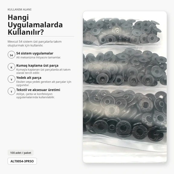 Siyah Oksit Renk Pirinç 54 Sistem Alt 3 Parça 100 Adet/Paket ALT0054-3PRSO - Black Nikel Pirinç 54 Sistem Çıtçıt Alt Parça
