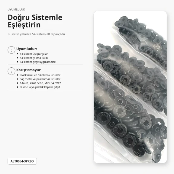 Siyah Oksit Renk Pirinç 54 Sistem Alt 3 Parça 100 Adet/Paket ALT0054-3PRSO - Black Nikel Pirinç 54 Sistem Çıtçıt Alt Parça