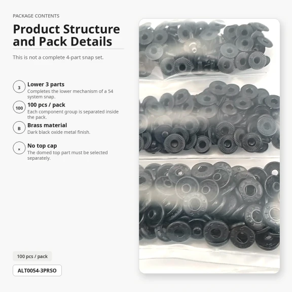 Siyah Oksit Renk Pirinç 54 Sistem Alt 3 Parça 100 Adet/Paket ALT0054-3PRSO - Black Nikel Pirinç 54 Sistem Çıtçıt Alt Parça