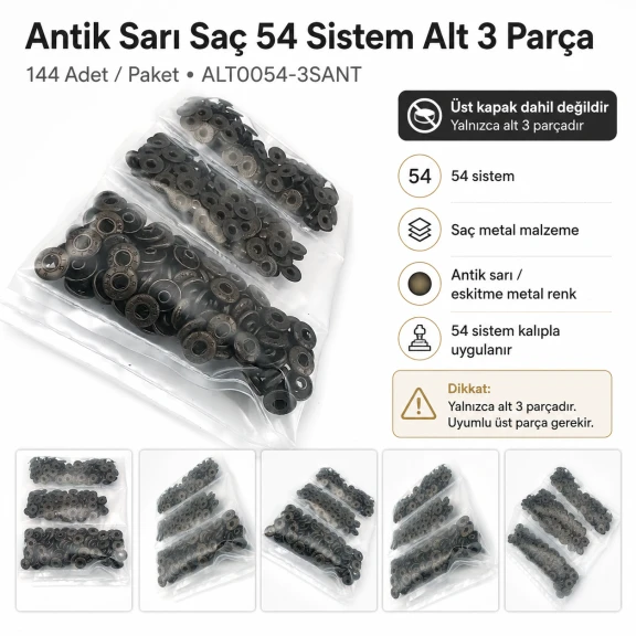 Antique Brass Color Sheet Metal 54 System Lower 3 Parts, 144 pcs/Pack, used for snap fastener applications in textiles and