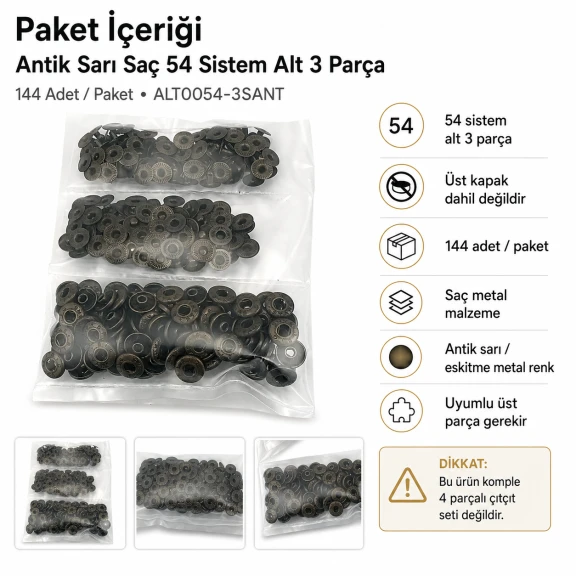 Antique Brass Color Sheet Metal 54 System Lower 3 Parts, 144 pcs/Pack, used for snap fastener applications in textiles and