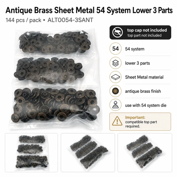 Antique Brass Color Sheet Metal 54 System Lower 3 Parts, 144 pcs/Pack, used for snap fastener applications in textiles and
