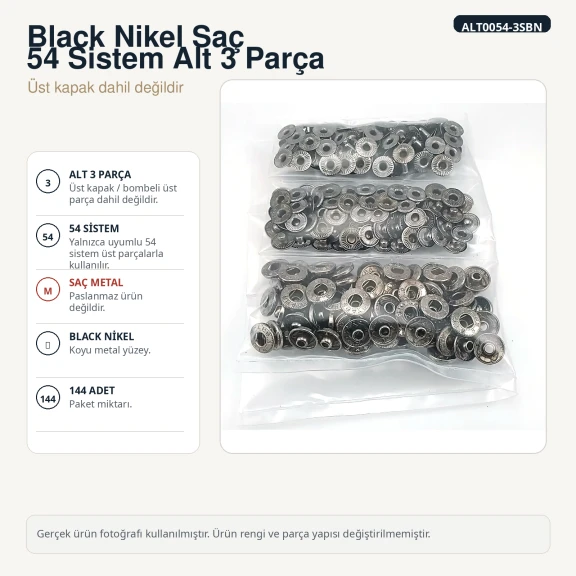 Black Nikel Renk Saç 54 Sistem Alt 3 Parça 144 Adet/Paket, Çıtçıt Düğme Aksesuarı