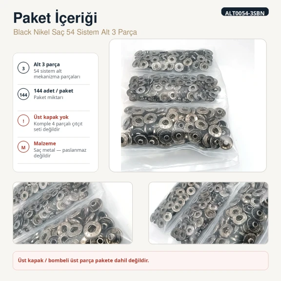 Black Nikel Renk Saç 54 Sistem Alt 3 Parça 144 Adet/Paket, Çıtçıt Düğme Aksesuarı