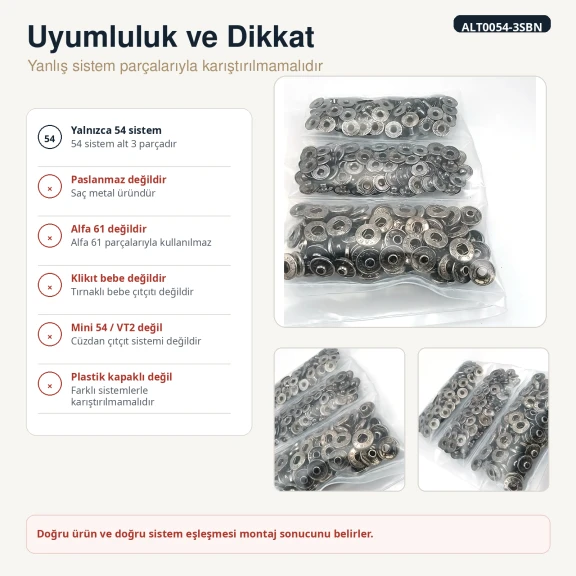 Black Nikel Renk Saç 54 Sistem Alt 3 Parça 144 Adet/Paket, Çıtçıt Düğme Aksesuarı