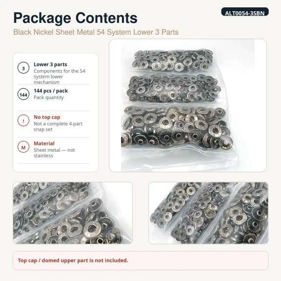 Black Nikel Renk Saç 54 Sistem Alt 3 Parça 144 Adet/Paket, Çıtçıt Düğme Aksesuarı